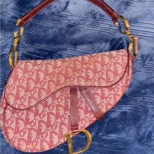 CHRISTIAN DIOR Burgundy Canvas Logo Leather Trim Gold Shoulder Saddle Bag